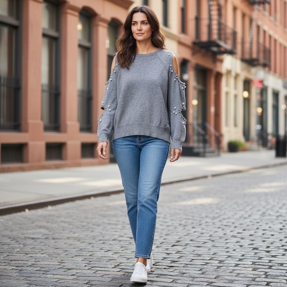 Elan Beaded Cut Out Sleeves Pullover Sweater Small